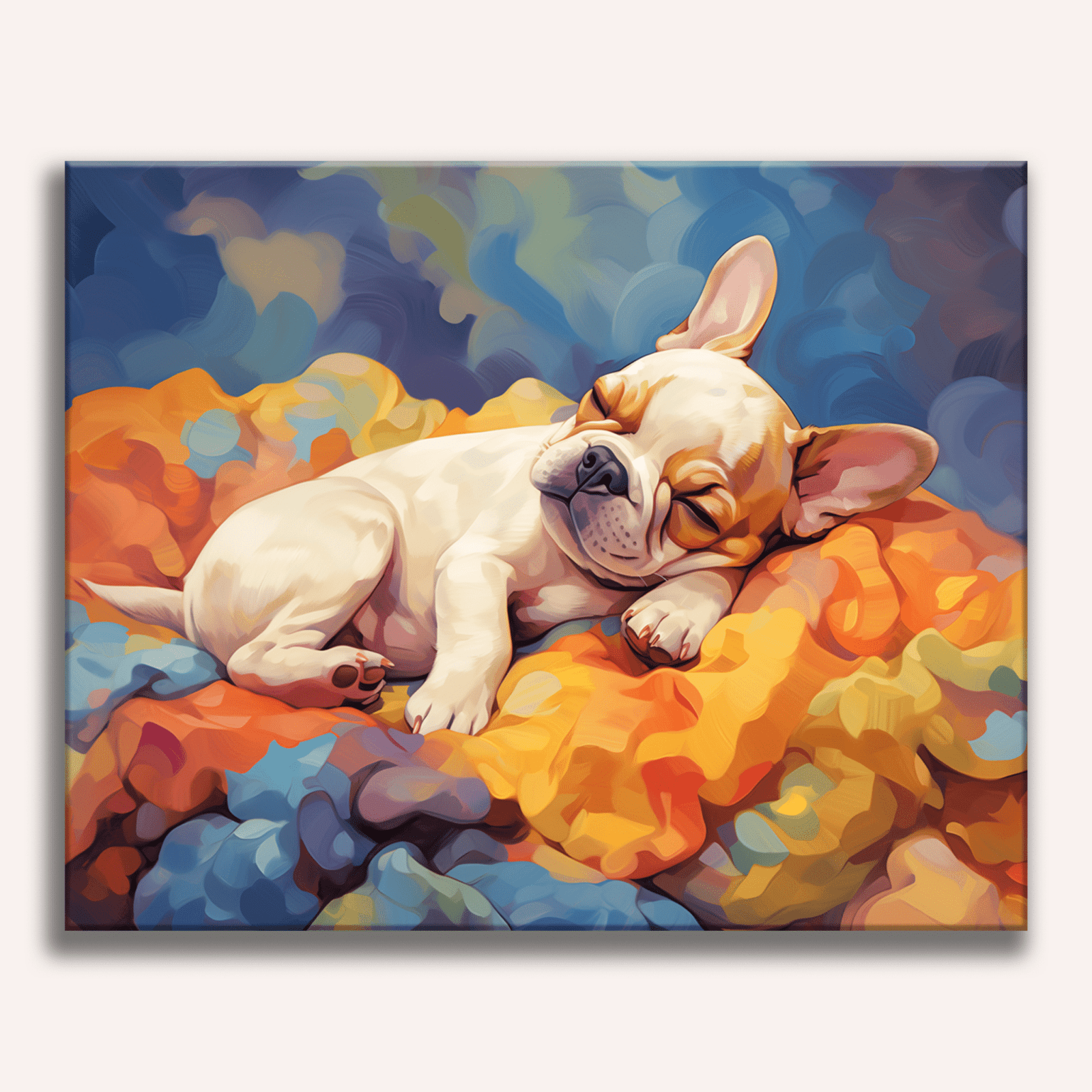 This is a stylized illustration featuring a small dog resting on its side atop a bed of multi-colored fabric, possibly resembling a blanket or cushion.