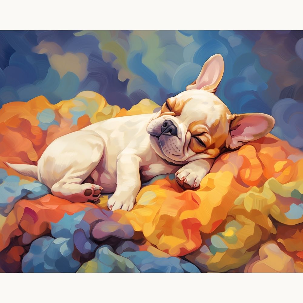 This is a stylized illustration featuring a small dog resting on its side atop a bed of multi-colored fabric, possibly resembling a blanket or cushion.
