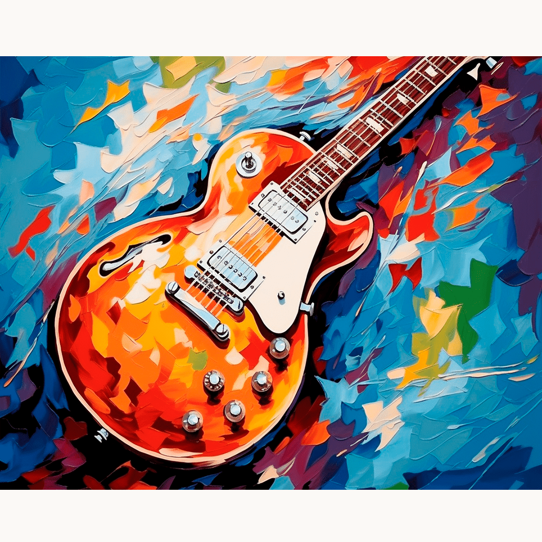 This image features a vibrant and colorful guitar lying flat against a background that appears to be abstract art.