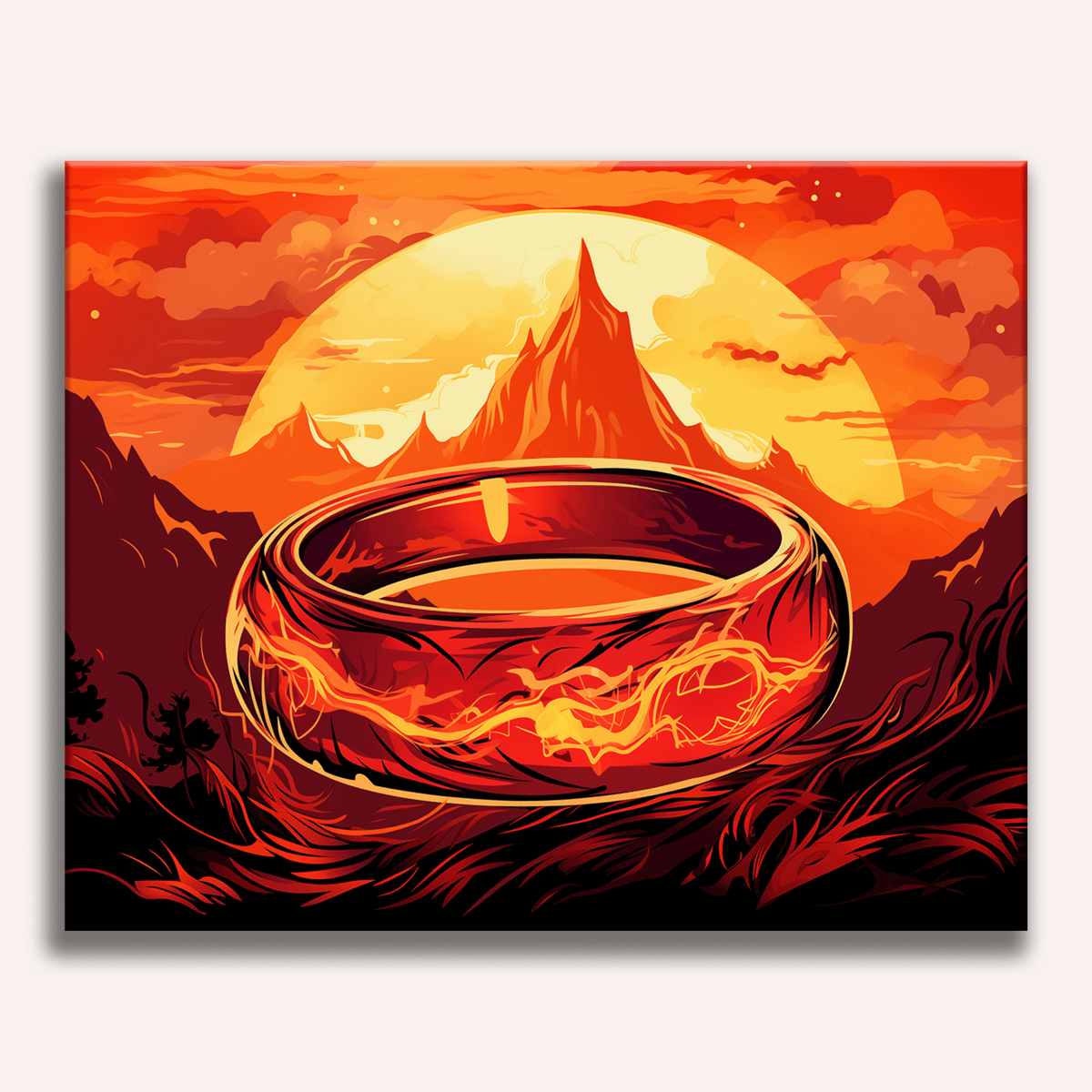 This image depicts a fantasy scene with a prominent, circular, golden ring set against a backdrop that resembles a mountain range under a vibrant sky transitioning from daylight to sunset or sunrise.