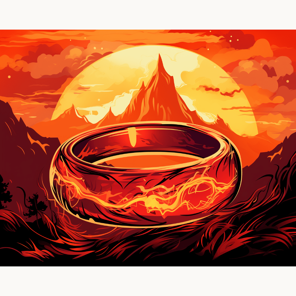 This image depicts a fantasy scene with a prominent, circular, golden ring set against a backdrop that resembles a mountain range under a vibrant sky transitioning from daylight to sunset or sunrise.