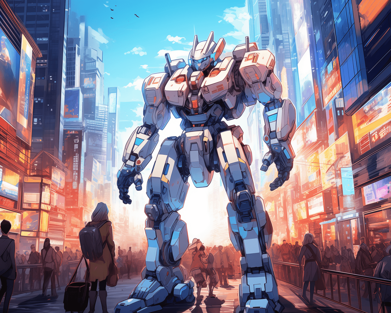 The image features a large robot standing on a city street amidst a crowd of people.