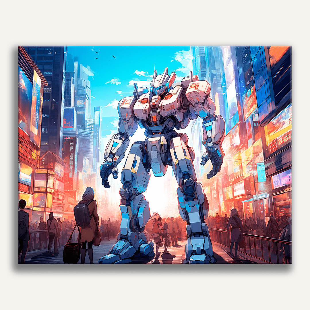 The image features a large robot standing on a city street amidst a crowd of people.