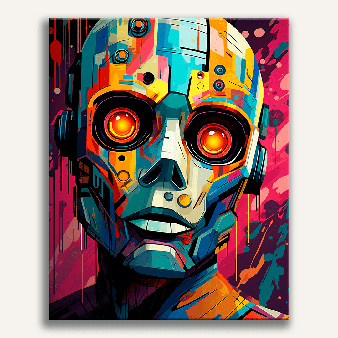 A robot with glowing red eyes and a mechanical face stands against a vibrant, colorful backdrop..