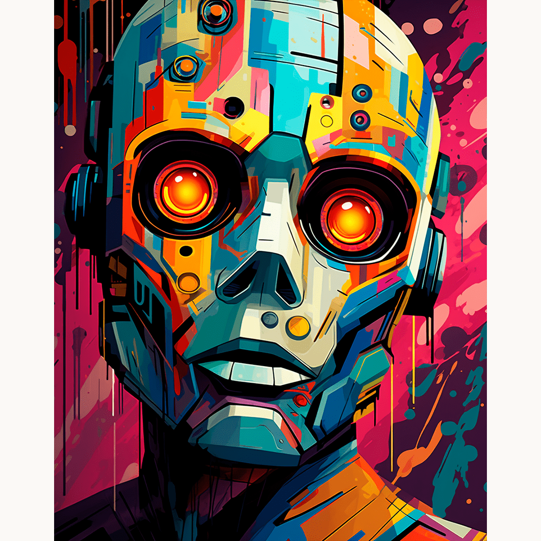 A robot with glowing red eyes and a mechanical face stands against a vibrant, colorful backdrop..