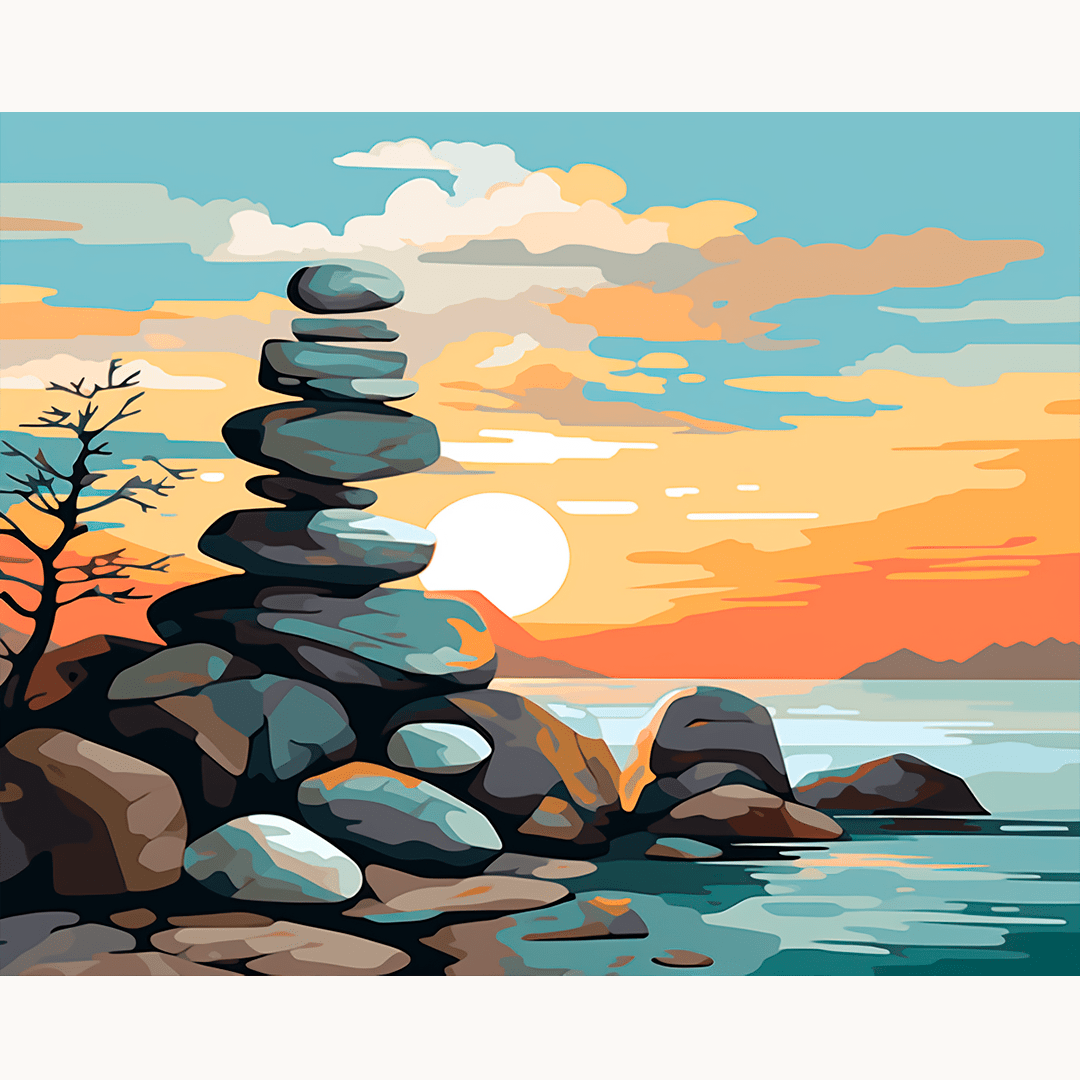 The image portrays a serene outdoor scene featuring a stack of rocks at the forefront, overlooking a tranquil bay with still water reflecting the sky.