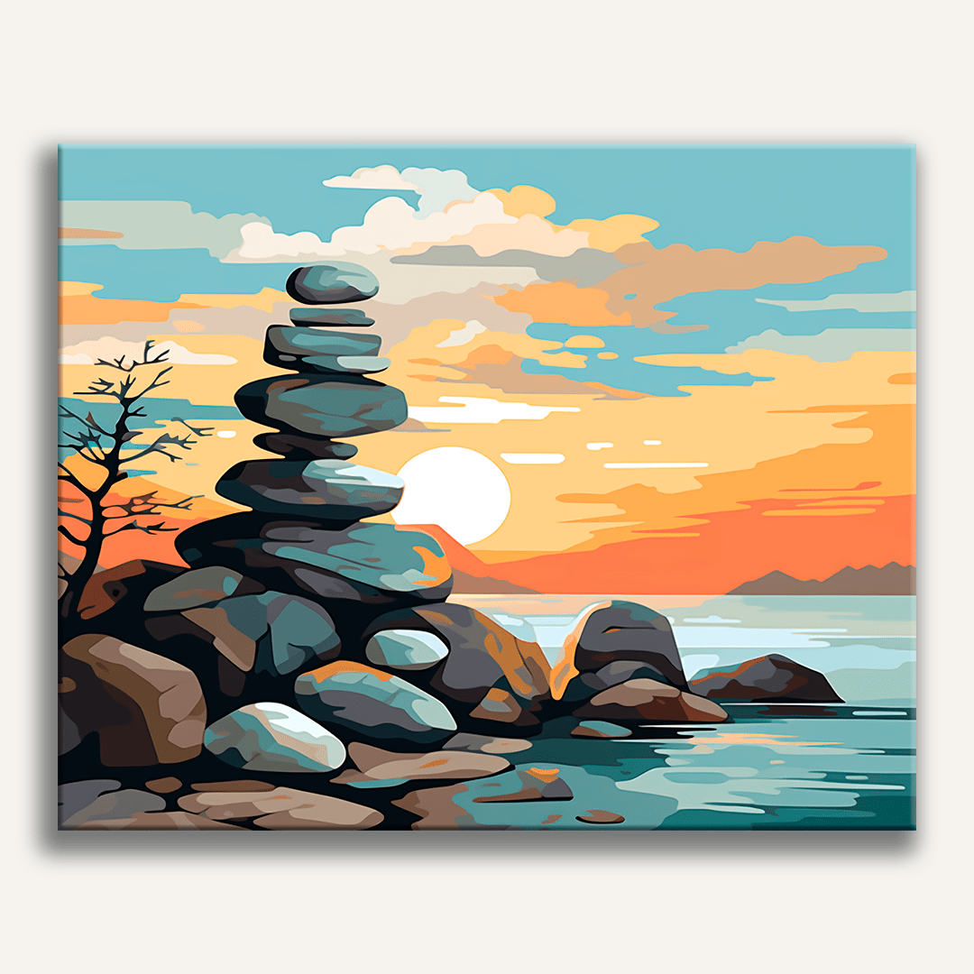The image portrays a serene outdoor scene featuring a stack of rocks at the forefront, overlooking a tranquil bay with still water reflecting the sky.