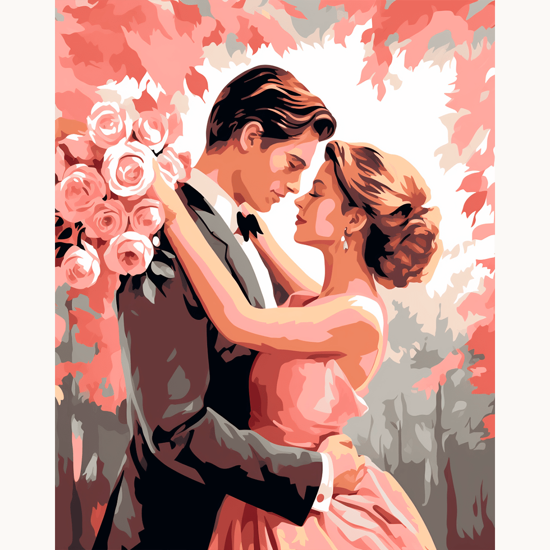 In the image, a man and woman are sharing an intimate moment against a backdrop of pink roses.