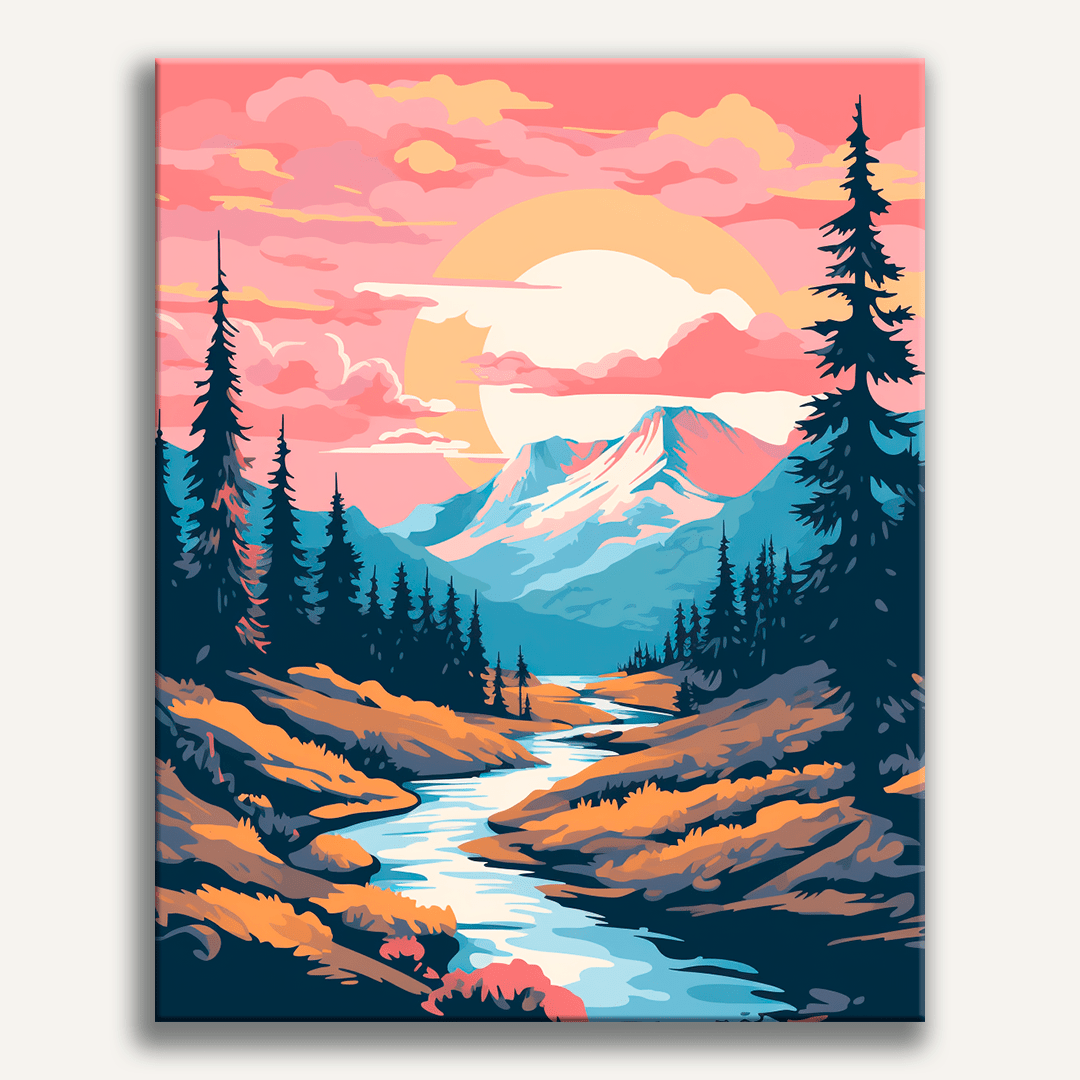 A landscape illustration poster showcases a tranquil scene of nature with a forested area leading towards mountains under a vibrant sky featuring hues of blue and pink..
