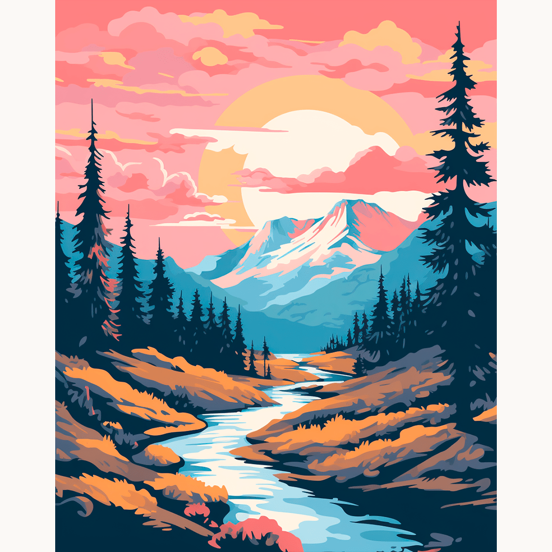 A landscape illustration poster showcases a tranquil scene of nature with a forested area leading towards mountains under a vibrant sky featuring hues of blue and pink..