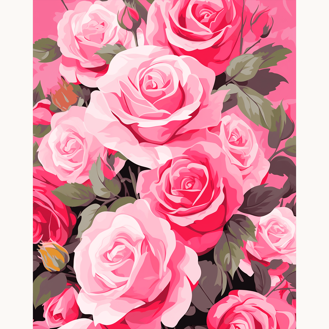 A vibrant display of artificial pink roses, arranged in a symmetrical pattern on a red background, creating a floral bouquet illusion..