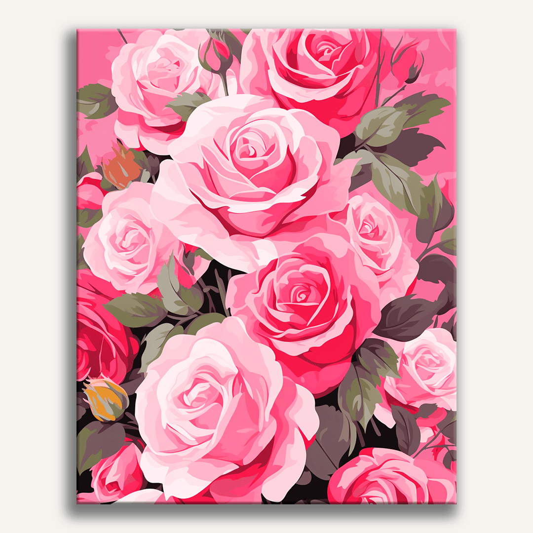 A vibrant display of artificial pink roses, arranged in a symmetrical pattern on a red background, creating a floral bouquet illusion..