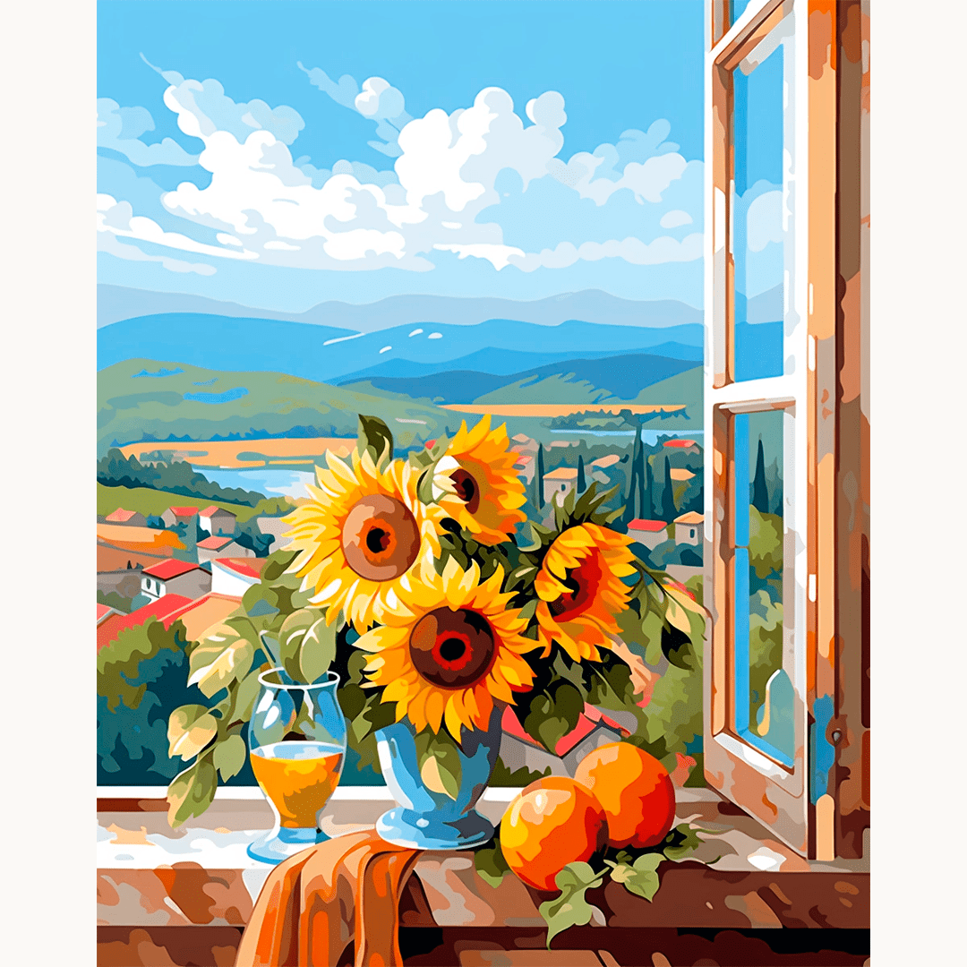 The image displays a sunny landscape scene, likely representing a traditional or rustic setting.