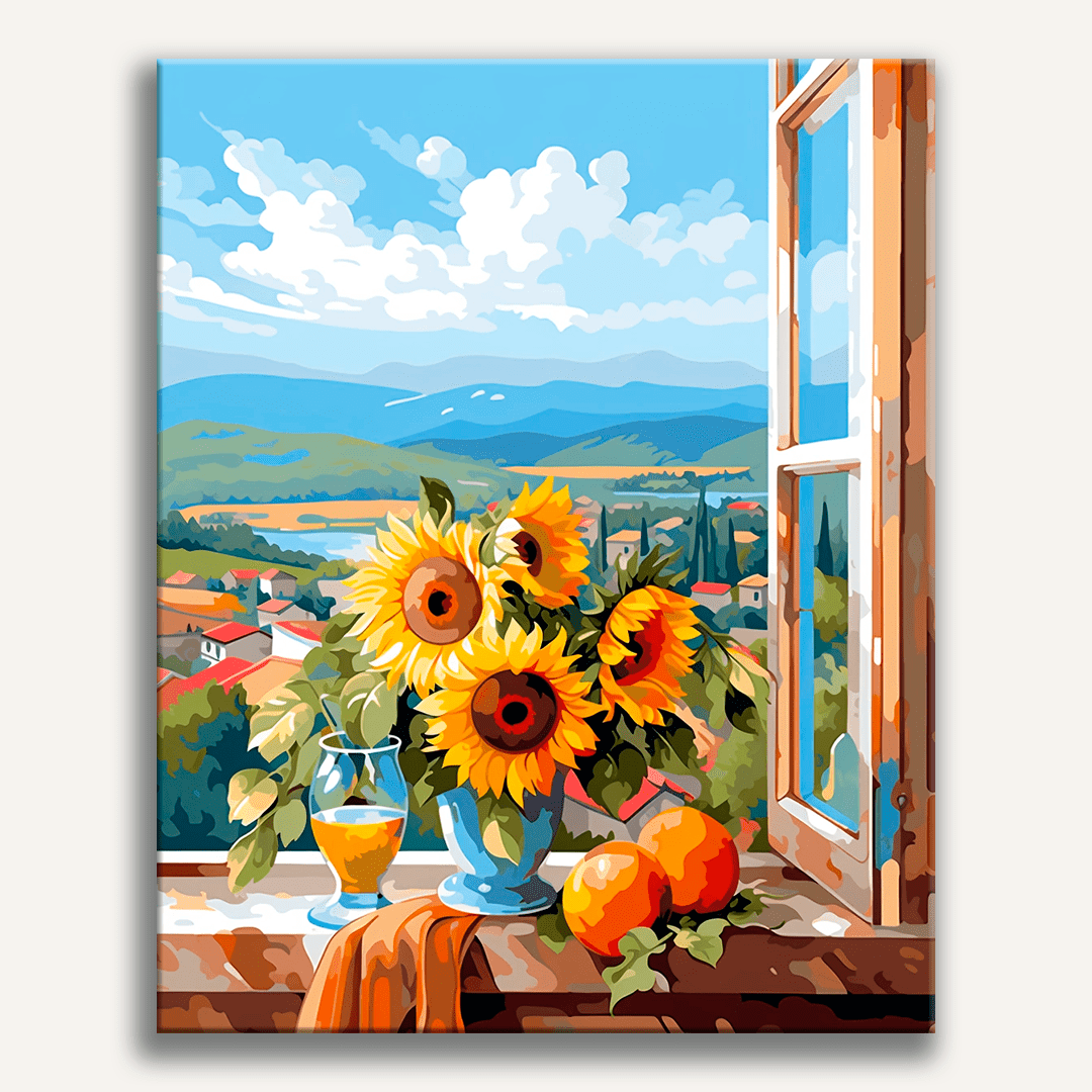 The image displays a sunny landscape scene, likely representing a traditional or rustic setting.