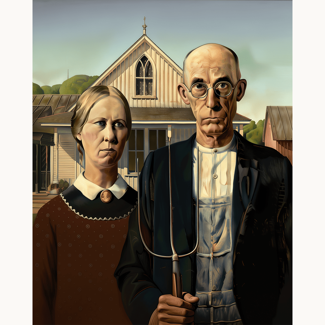 A painting of a couple standing in front of a farmhouse, the man holding a pitchfork.