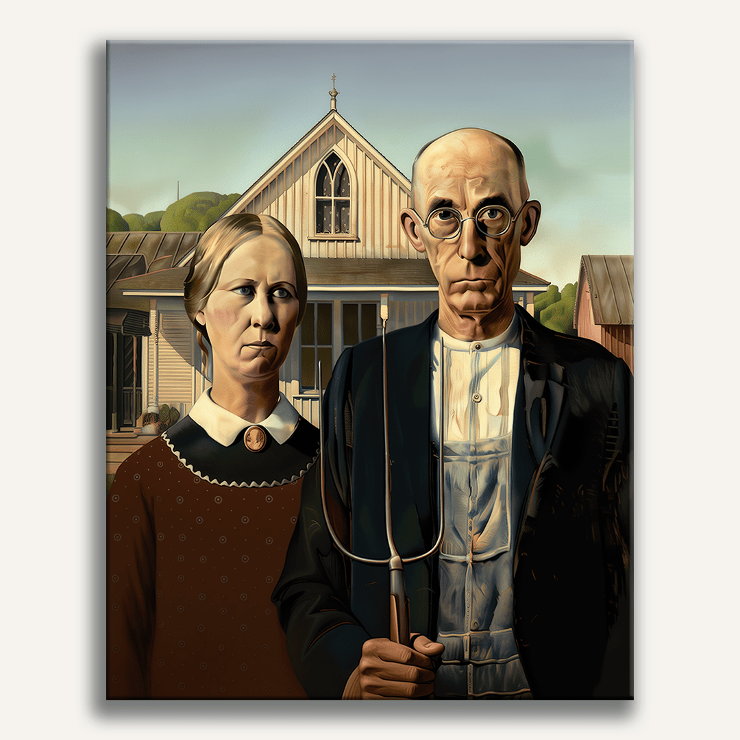 A painting of a couple standing in front of a farmhouse, the man holding a pitchfork.