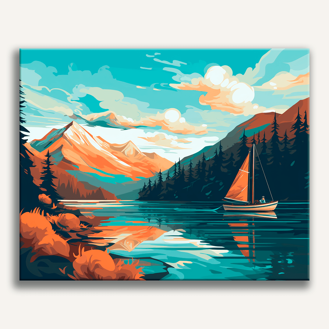 In the image, a solitary sailboat with a vibrant red hull floats gently on a serene mountain lake.