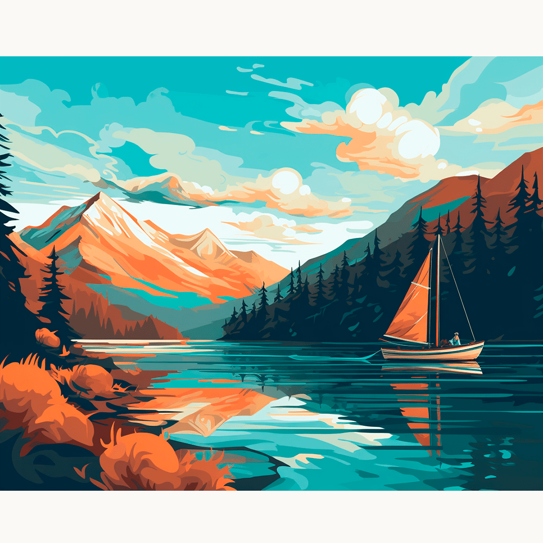 In the image, a solitary sailboat with a vibrant red hull floats gently on a serene mountain lake.