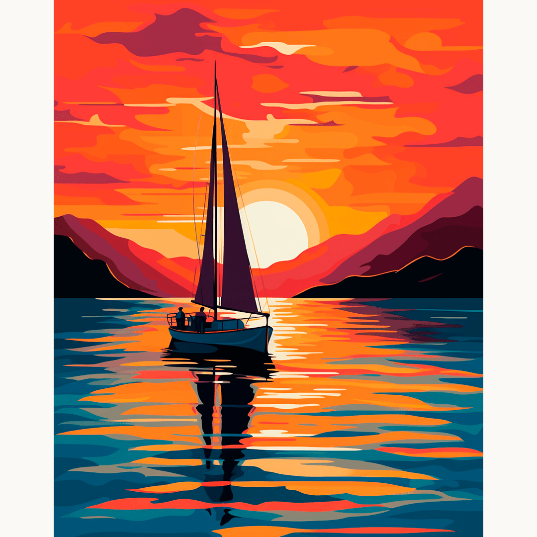 A canvas print depicts a vibrant sunset scene on water, featuring a sailboat with its sails full against a backdrop of colorful clouds and a fiery orange sky with hues of pink and blue..