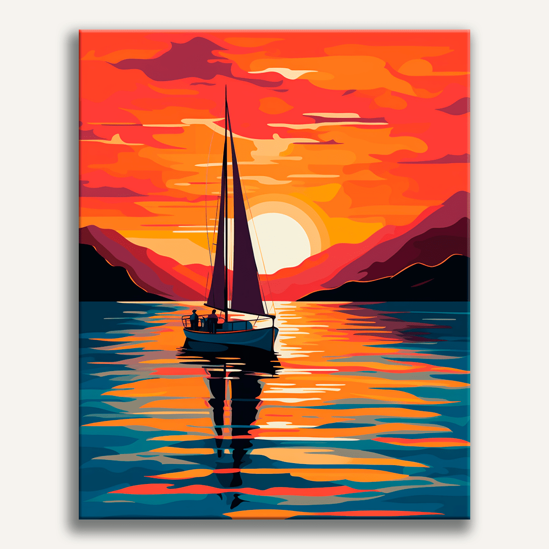 A canvas print depicts a vibrant sunset scene on water, featuring a sailboat with its sails full against a backdrop of colorful clouds and a fiery orange sky with hues of pink and blue..