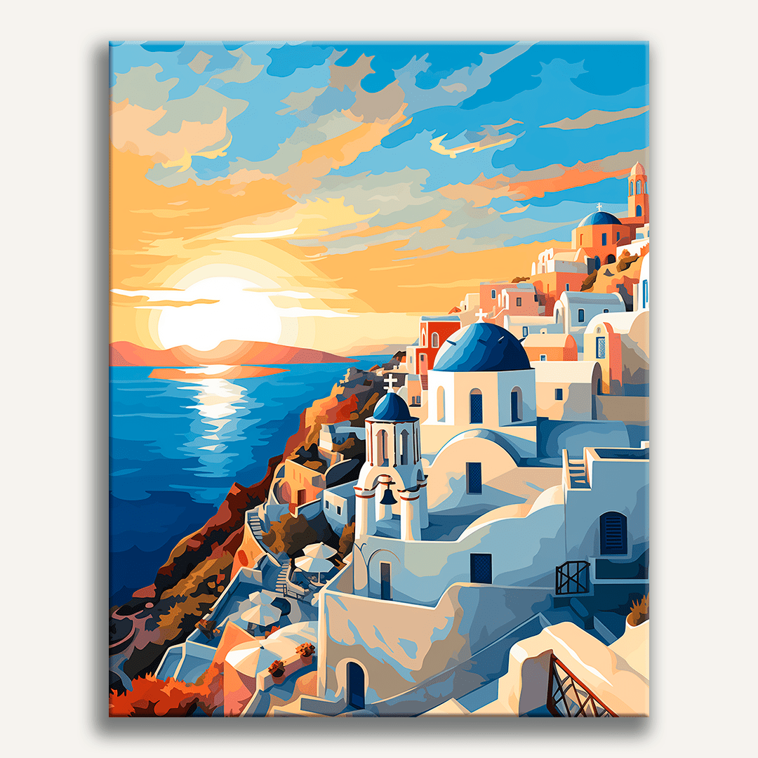 The image depicts a serene coastal scene at sunset.