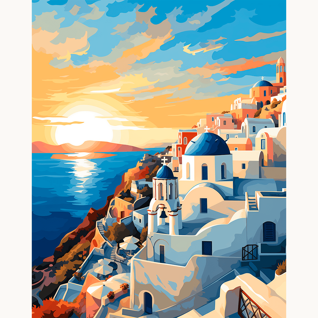 The image depicts a serene coastal scene at sunset.