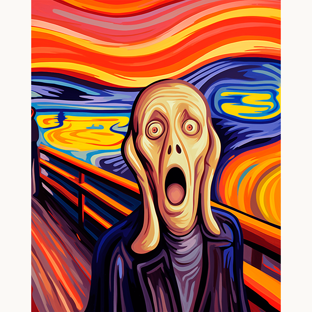 A personified as a character from the movie "Scream" stands at the front of a train with a surprised expression, looking out at a vibrant sunset..