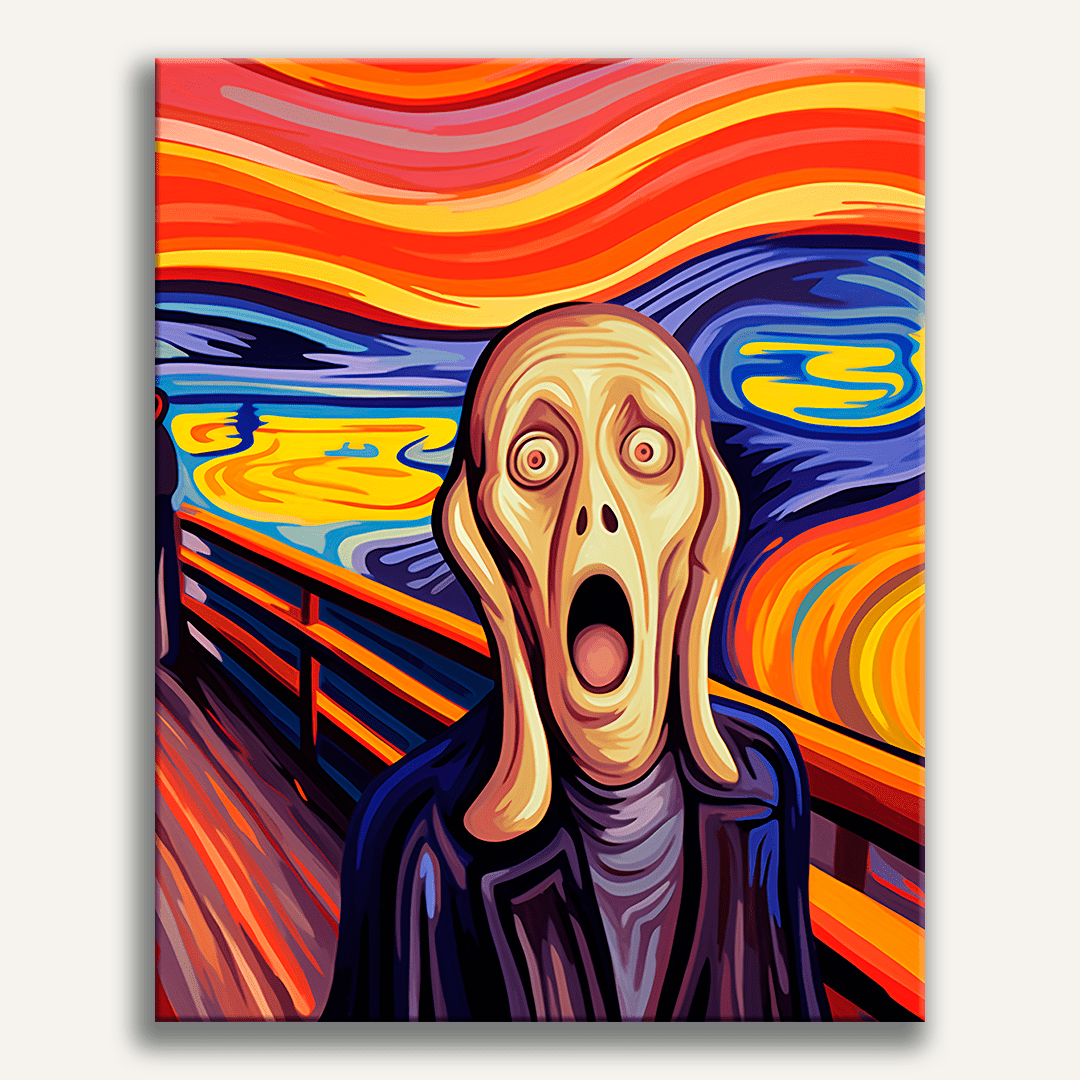 A personified as a character from the movie "Scream" stands at the front of a train with a surprised expression, looking out at a vibrant sunset..