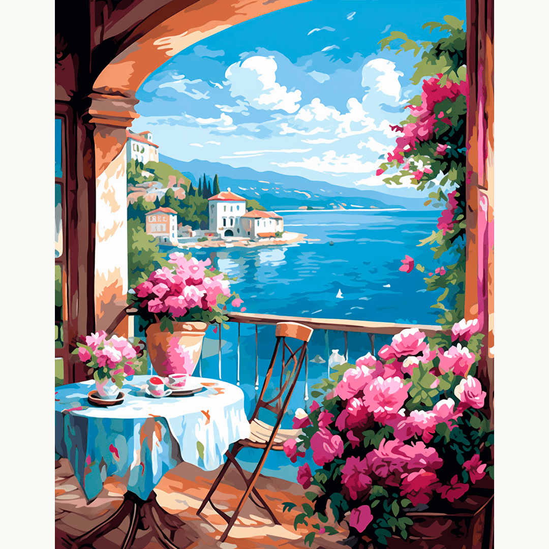 The image depicts a charming scene on a balcony overlooking a serene bay.