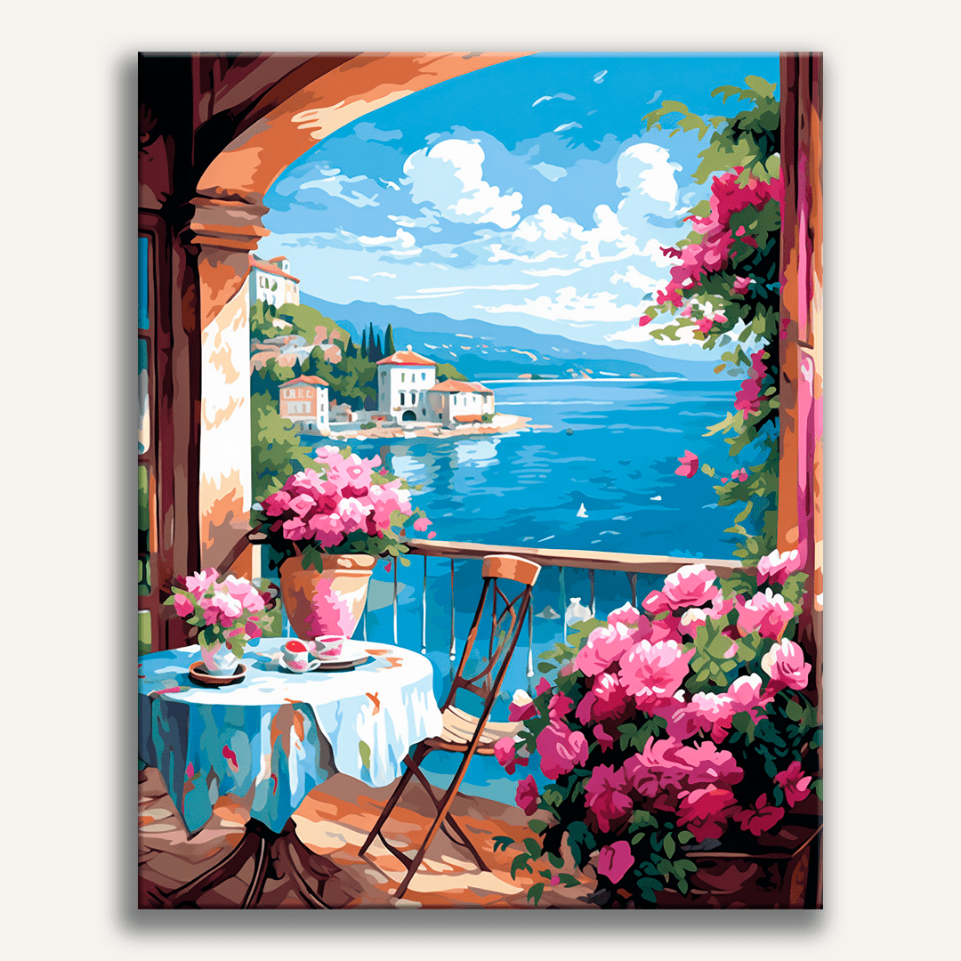 The image depicts a charming scene on a balcony overlooking a serene bay.