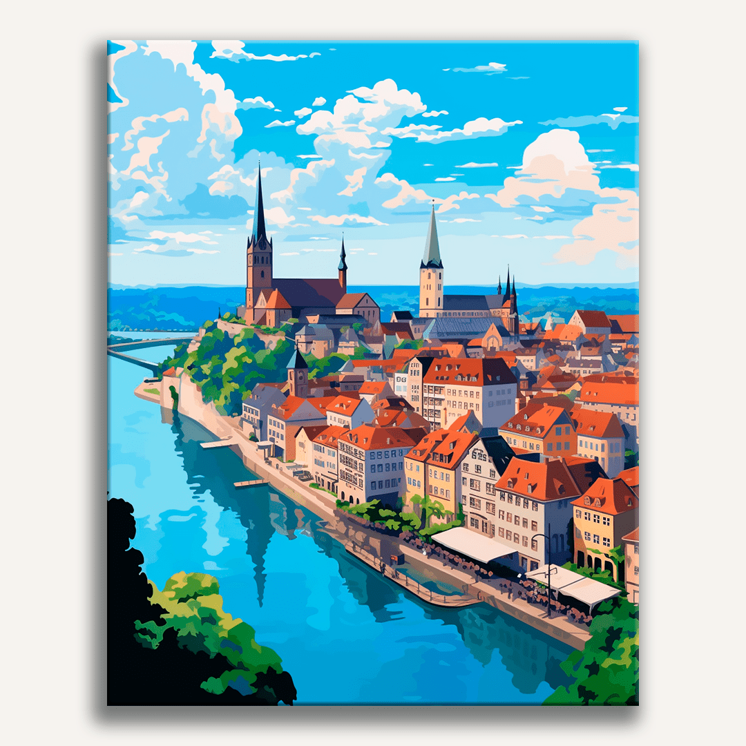 The image depicts a serene European town scene, featuring a prominent church and a quaint riverside architecture typical of central Europe.