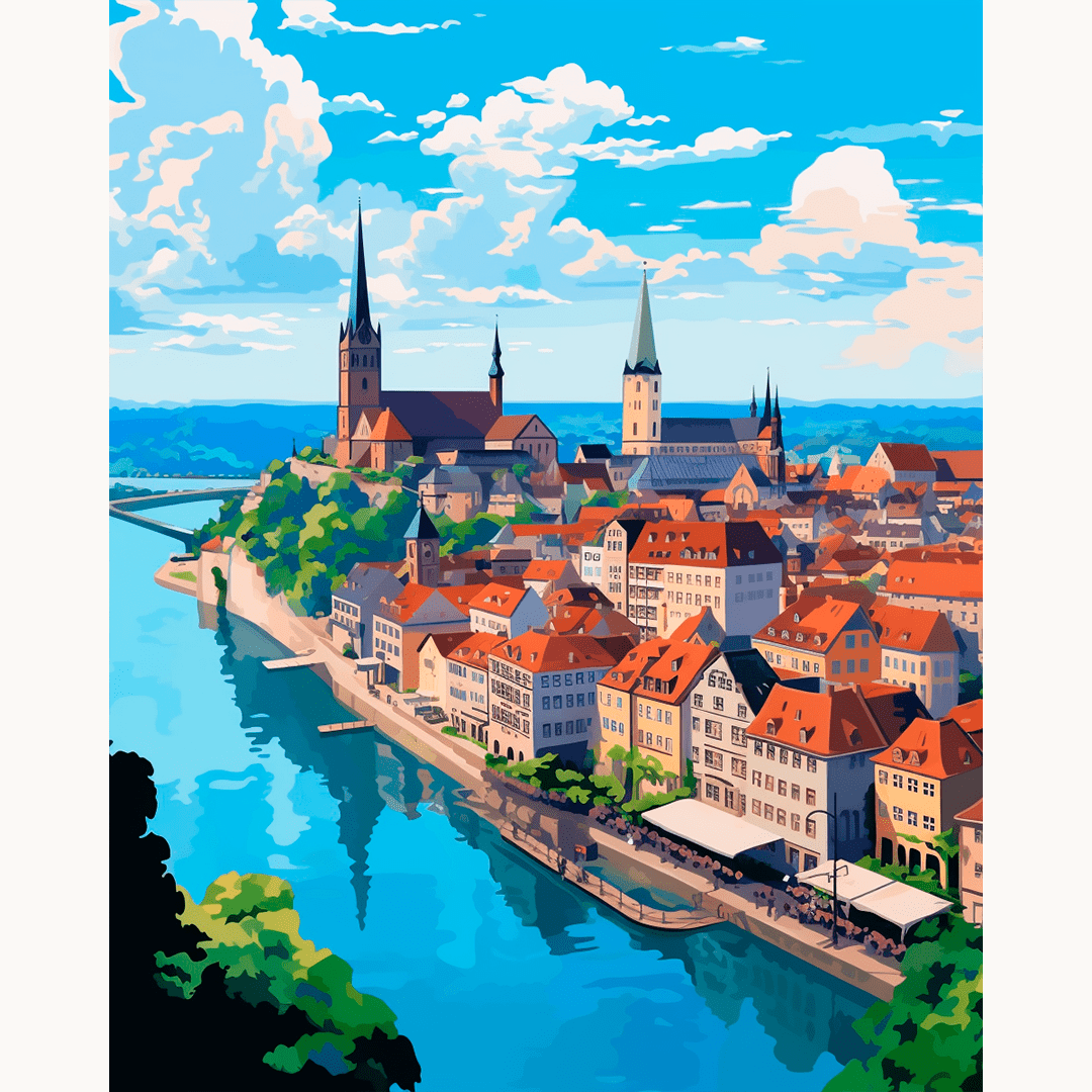 The image depicts a serene European town scene, featuring a prominent church and a quaint riverside architecture typical of central Europe.