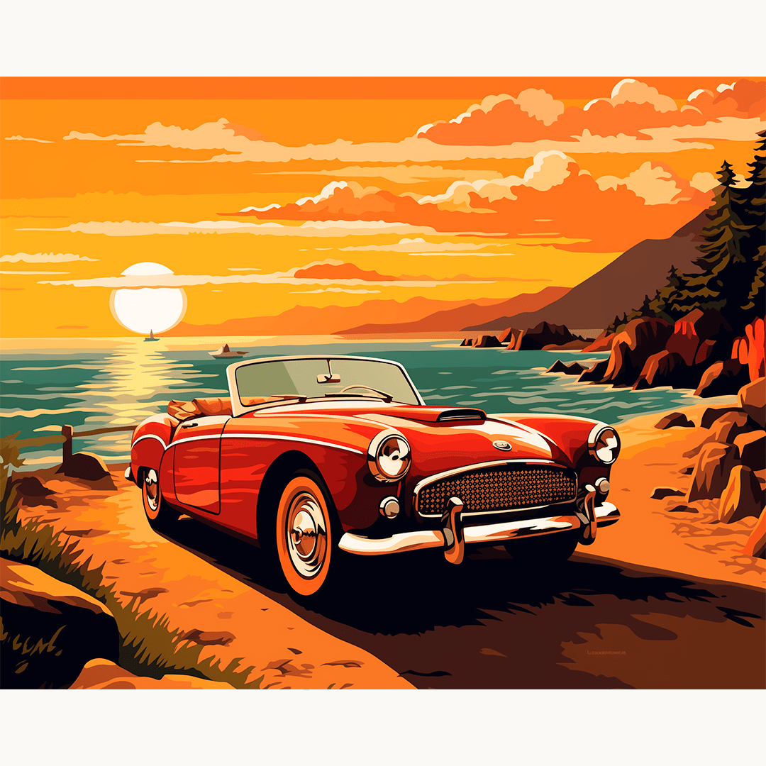 This image features a vintage car parked on a rocky shore at sunset.