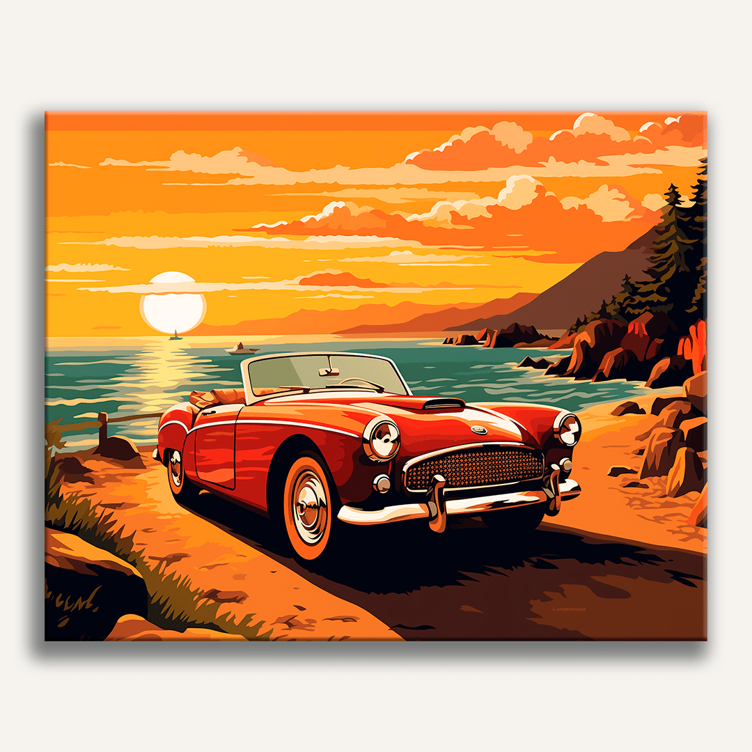 This image features a vintage car parked on a rocky shore at sunset.