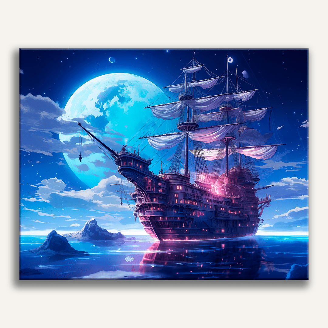 A large sailing ship is prominently featured in the foreground, complete with multiple masts and sails, gliding across a vast expanse of ocean under a full moon..