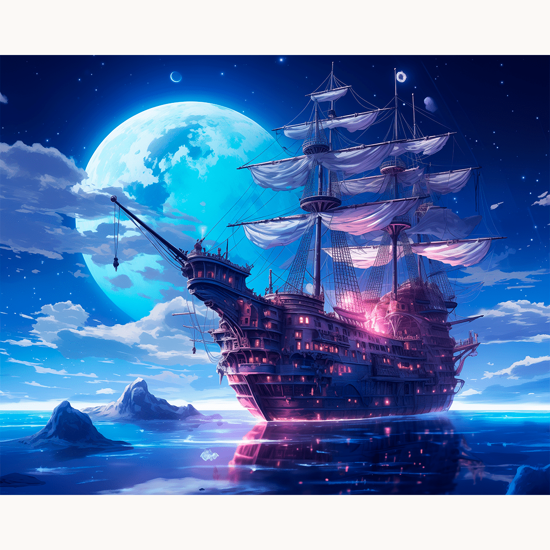 A large sailing ship is prominently featured in the foreground, complete with multiple masts and sails, gliding across a vast expanse of ocean under a full moon..