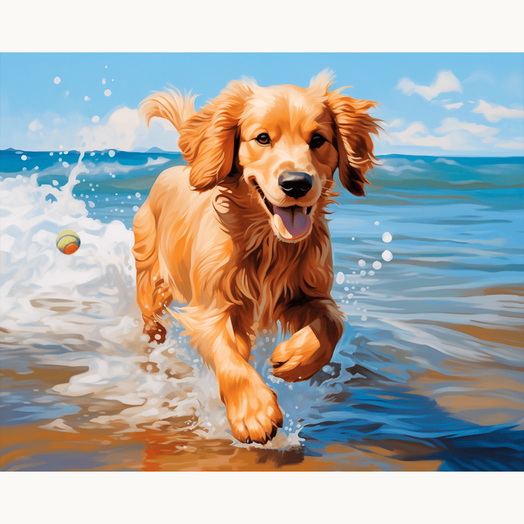 A golden retriever puppy, filled with energy and joy, runs through a sandy beach towards the camera, creating a splash of water behind it.