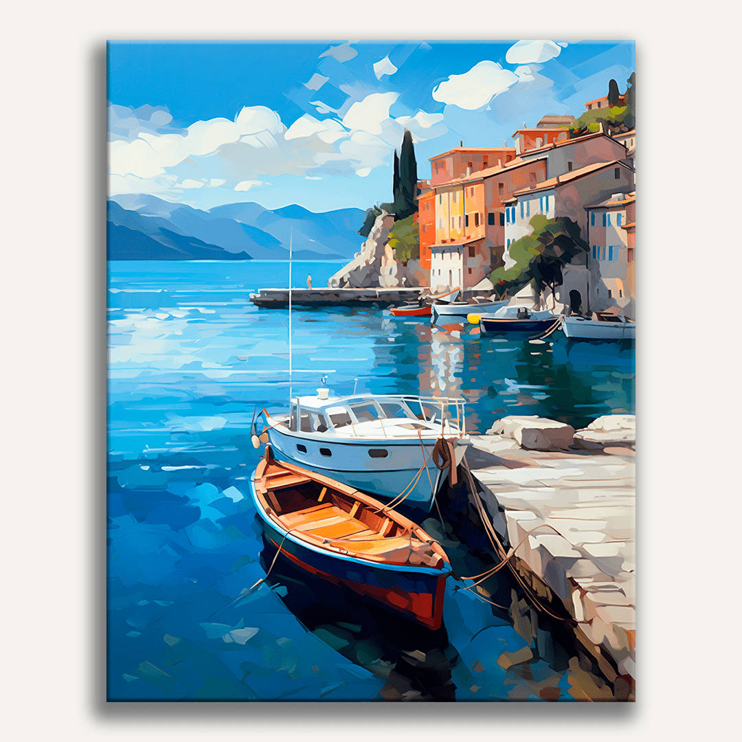 The image presents a serene coastal scene.