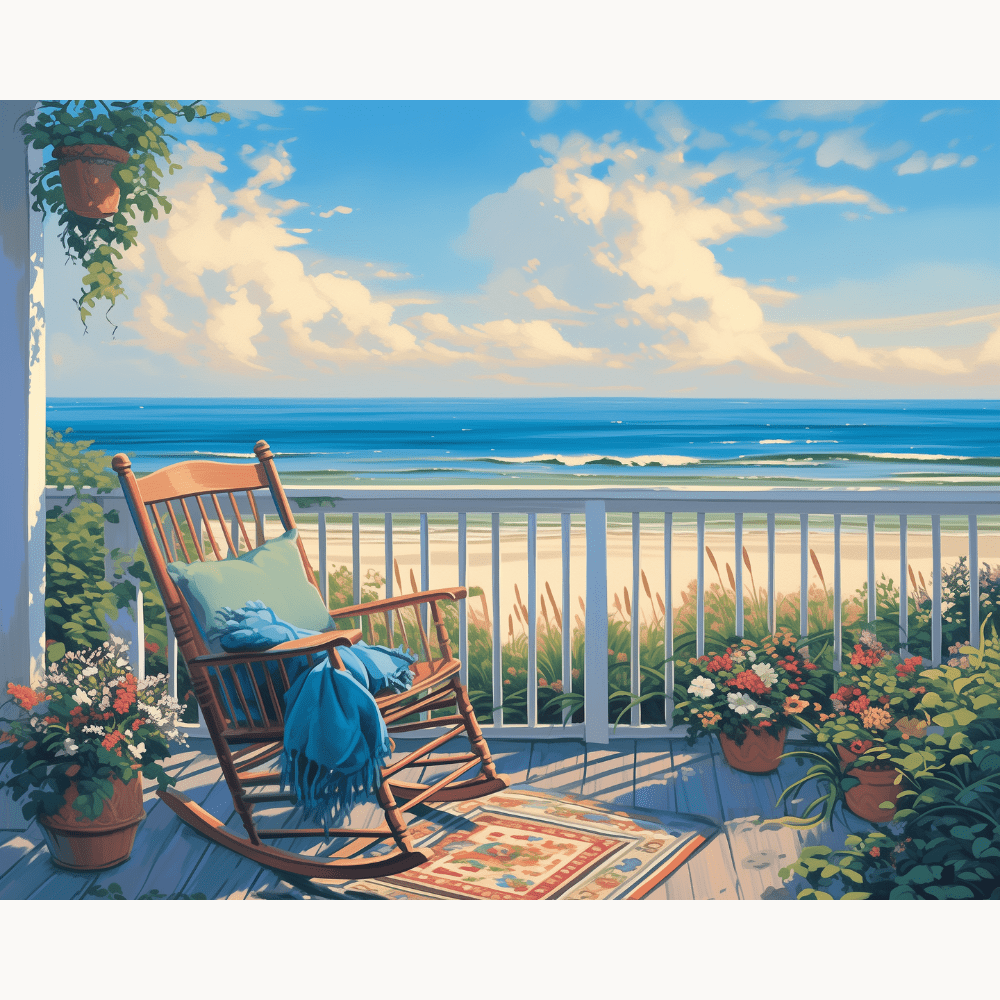 The image features a serene coastal scene.