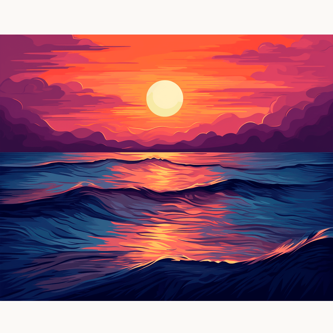The image depicts a tranquil ocean scene at either sunrise or sunset.