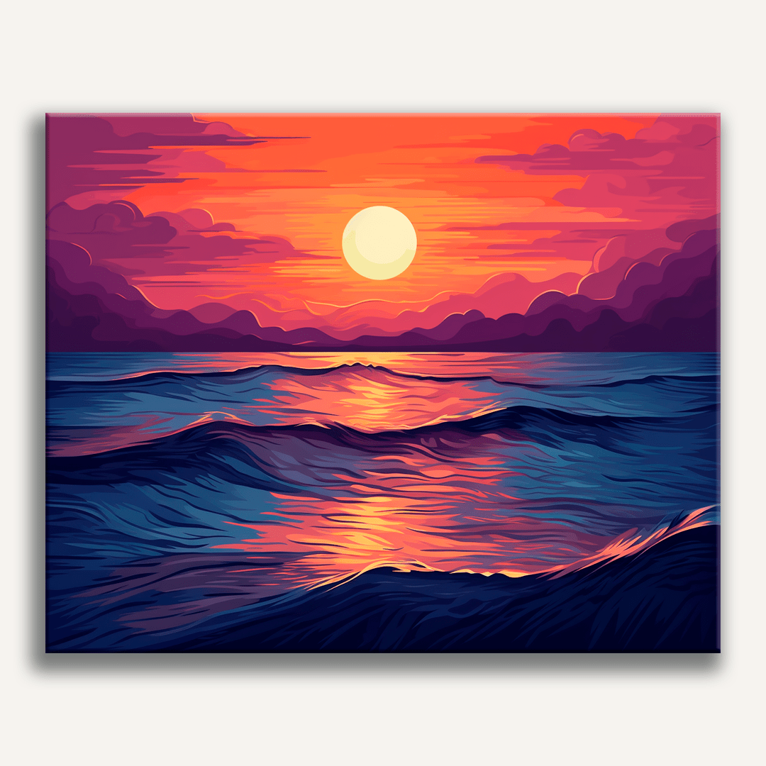 The image depicts a tranquil ocean scene at either sunrise or sunset.