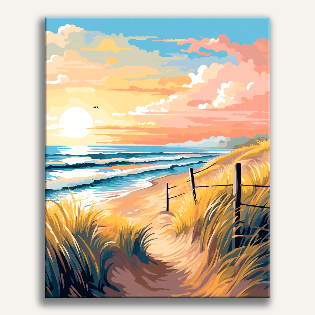 In the image, a tranquil beach scene is depicted.