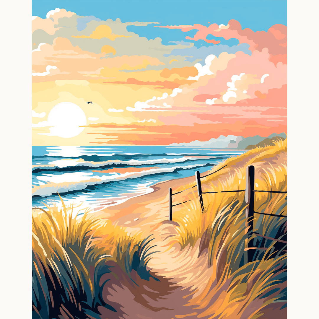 In the image, a tranquil beach scene is depicted.