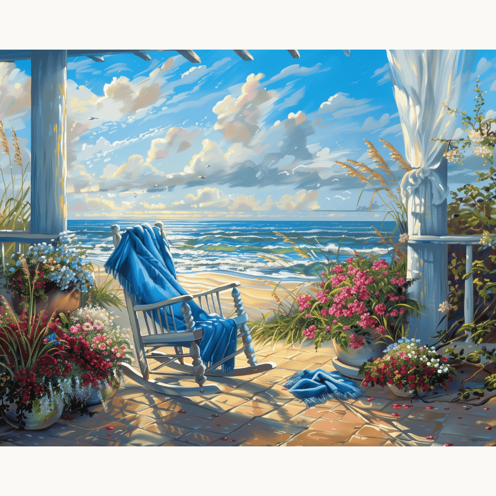 The image presents a serene beach scene.