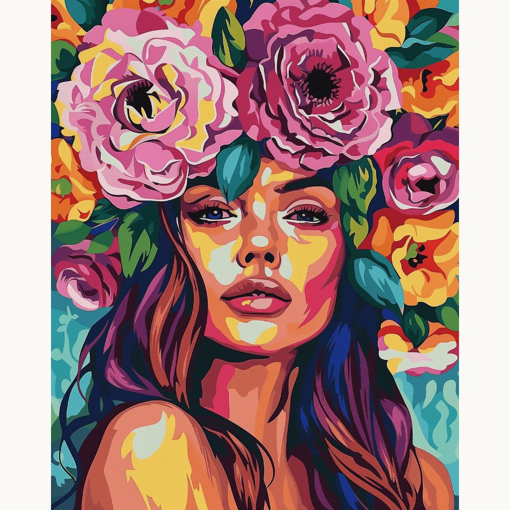 A vibrant illustration features a woman with long hair adorned with flowers, set against a backdrop of colorful flowers.