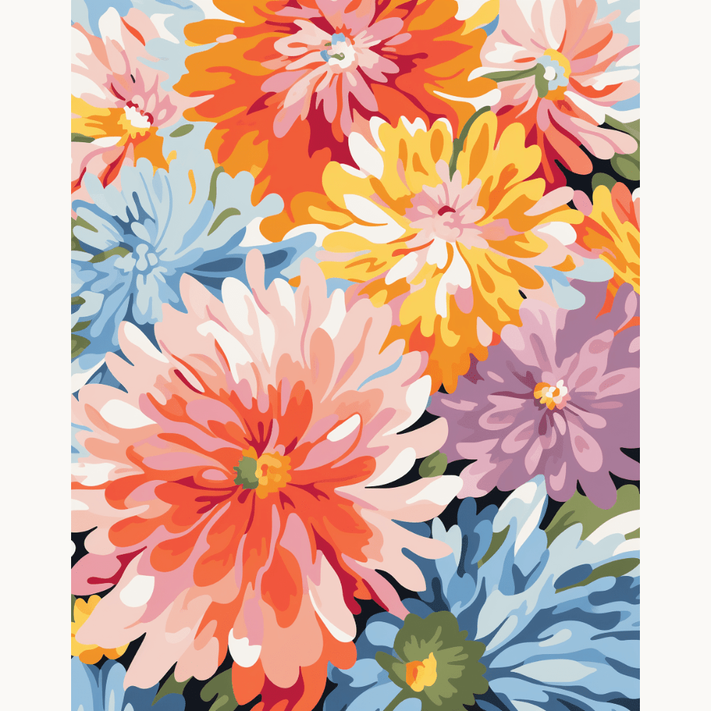 This image features a collection of colorful daisies arranged against a solid background.