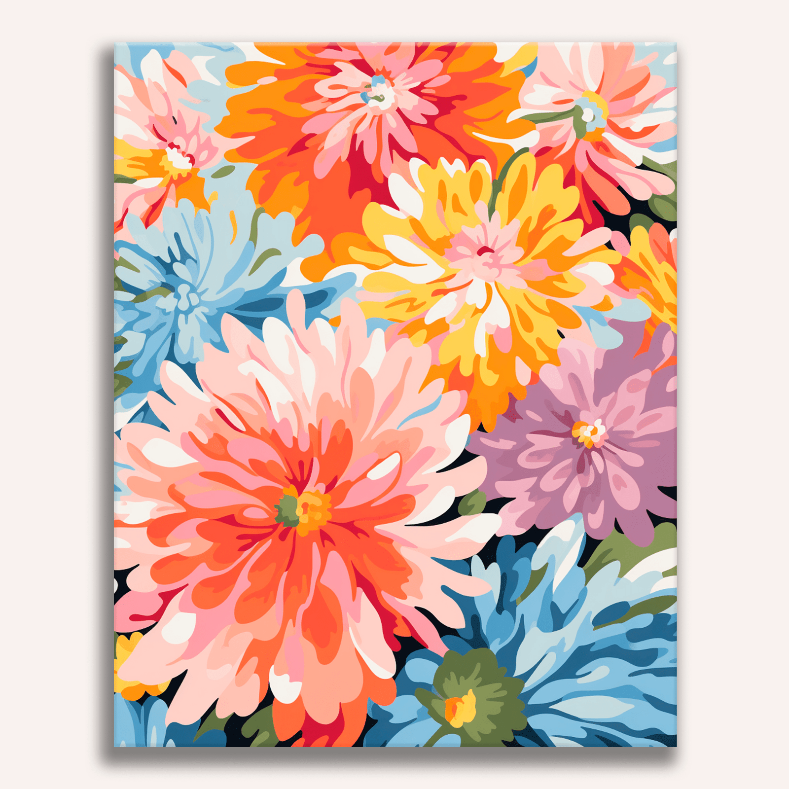 This image features a collection of colorful daisies arranged against a solid background.
