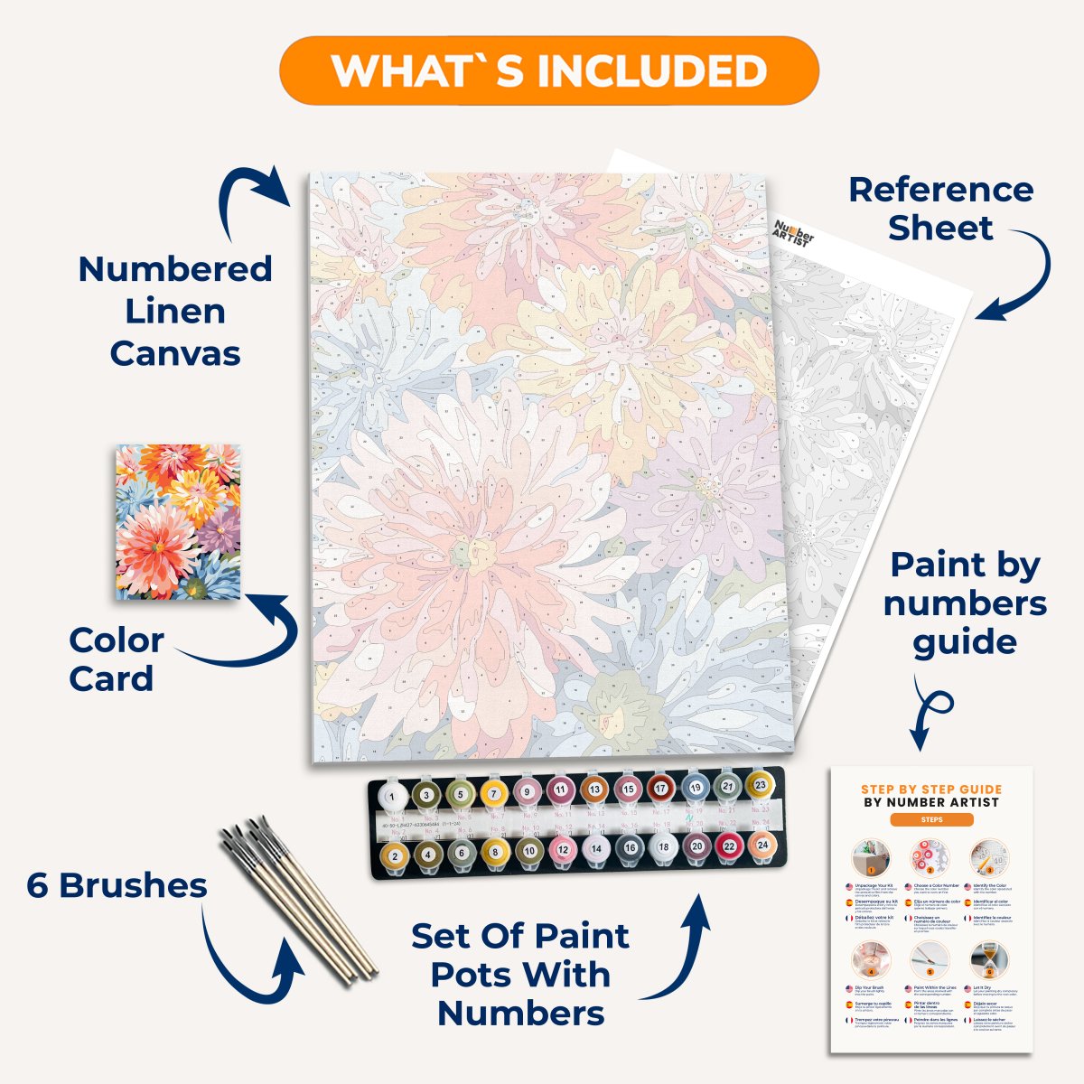 This image features a collection of colorful daisies arranged against a solid background.