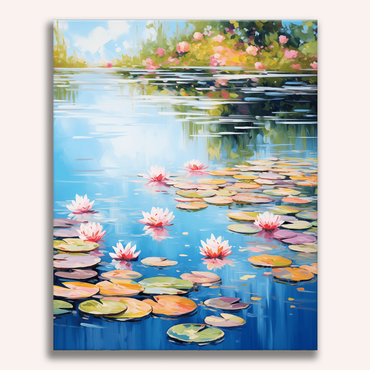 The image showcases a tranquil scene centered around a serene pond, teeming with water lilies and their roots breaking the surface.