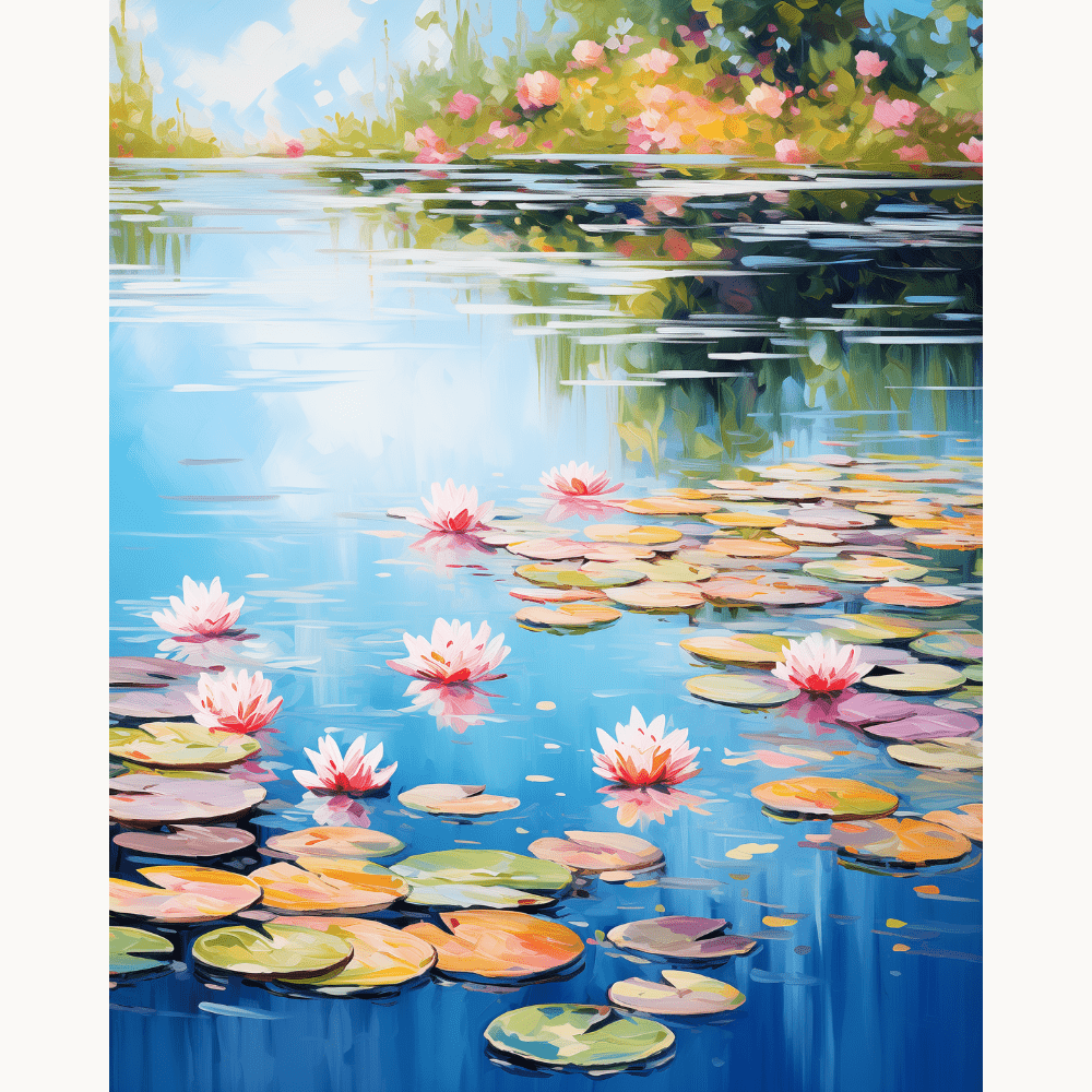The image showcases a tranquil scene centered around a serene pond, teeming with water lilies and their roots breaking the surface.